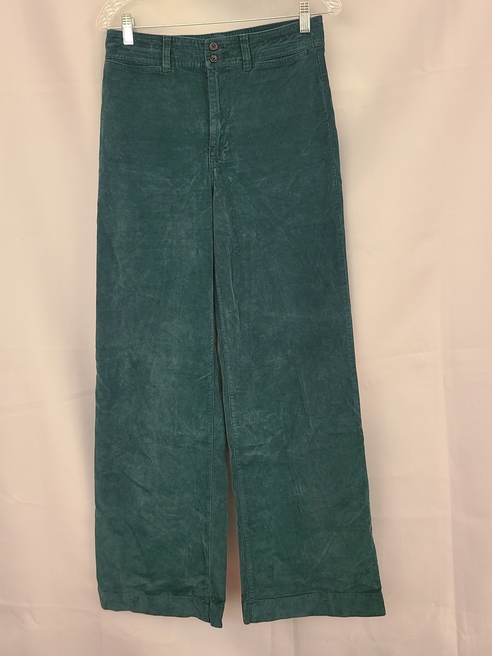 Faherty Sz 29 Teal Green Corduroy Stretchy Wide Leg Patch Pockets High Rise Pant